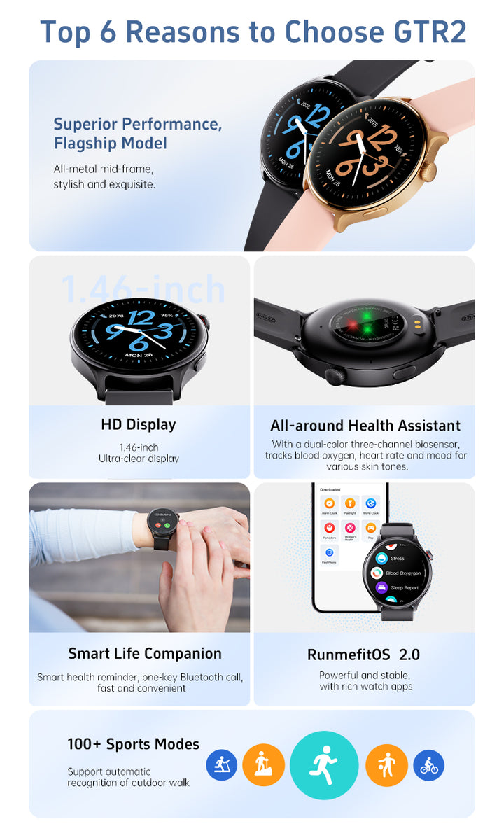GTR2 - Women & Men Smartwatch for Android & IOS – Sport Health & Fitness Tracker - steel band