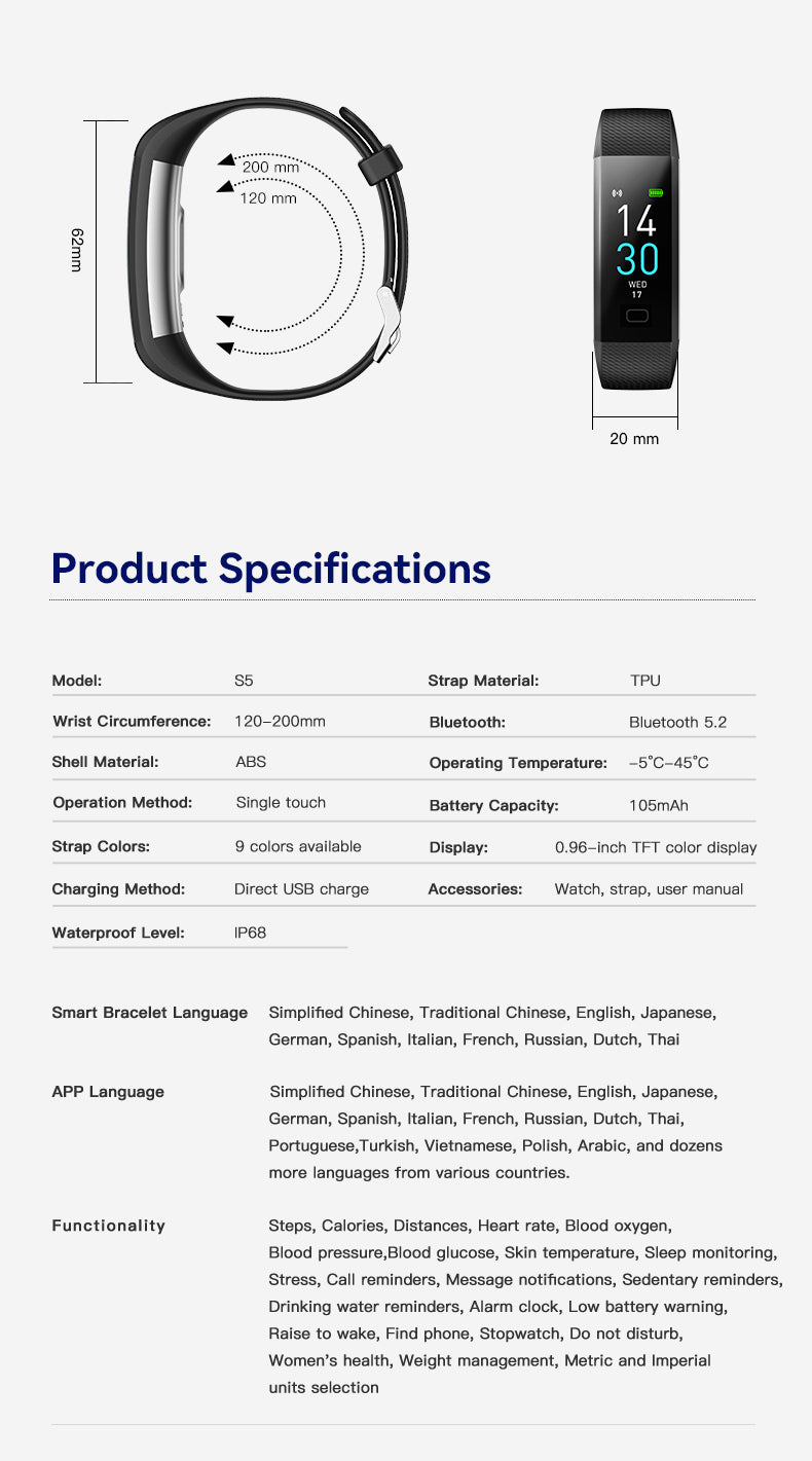S5-4 Waterproof Fitness Watch/Health Bracelet for Android & IOS – Health & Fitness Tracker: 16 Sport Modes – 10 Color Smartwatch Straps