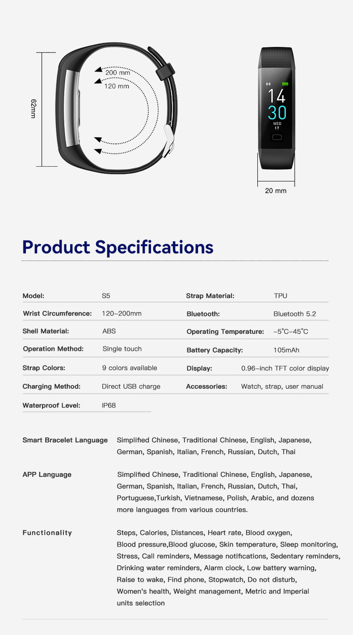 S5-4 Waterproof Fitness Watch/Health Bracelet for Android & IOS – Health & Fitness Tracker: 16 Sport Modes – 10 Color Smartwatch Straps